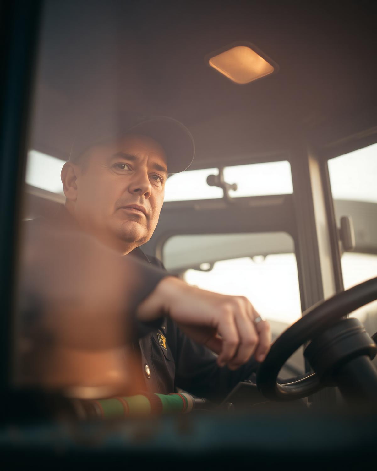 Operator at the controls inside the cab of a tracked excavator at dawn