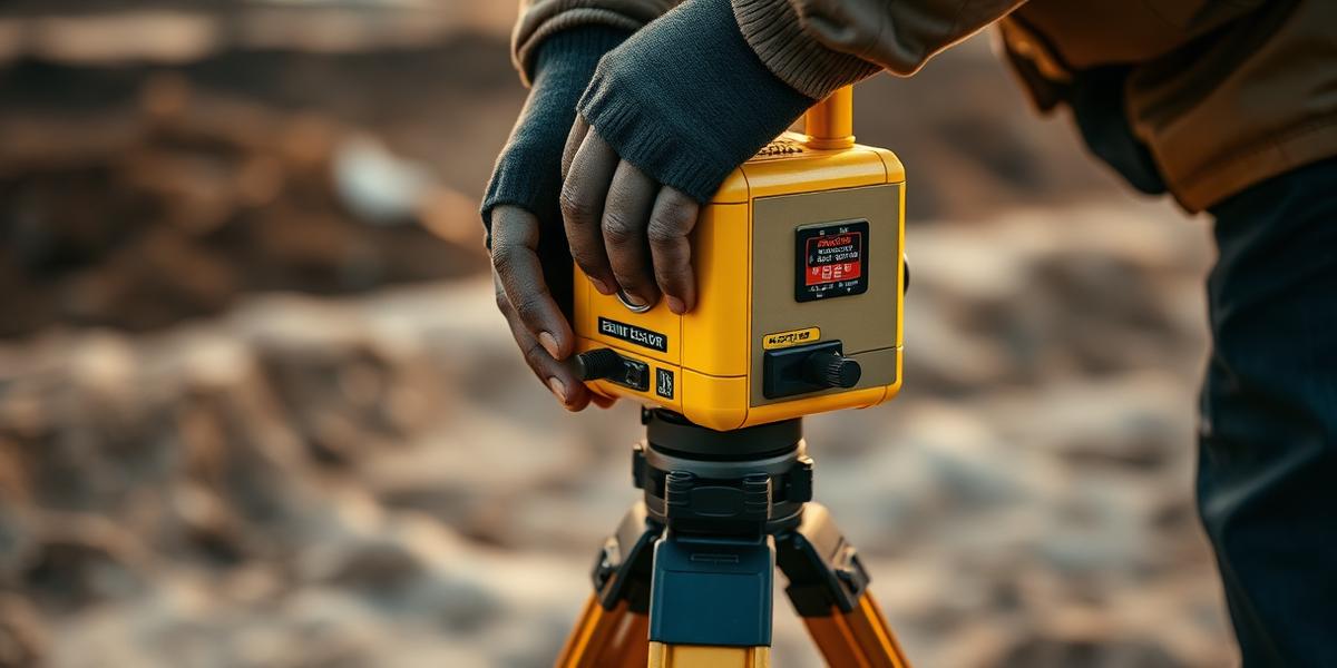 Surveyor's hands operating a laser level on a tripod
