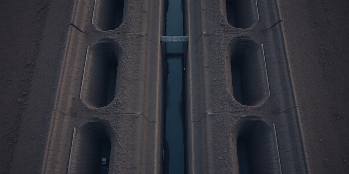 Aerial view of geometric excavation trenches in dark earth
