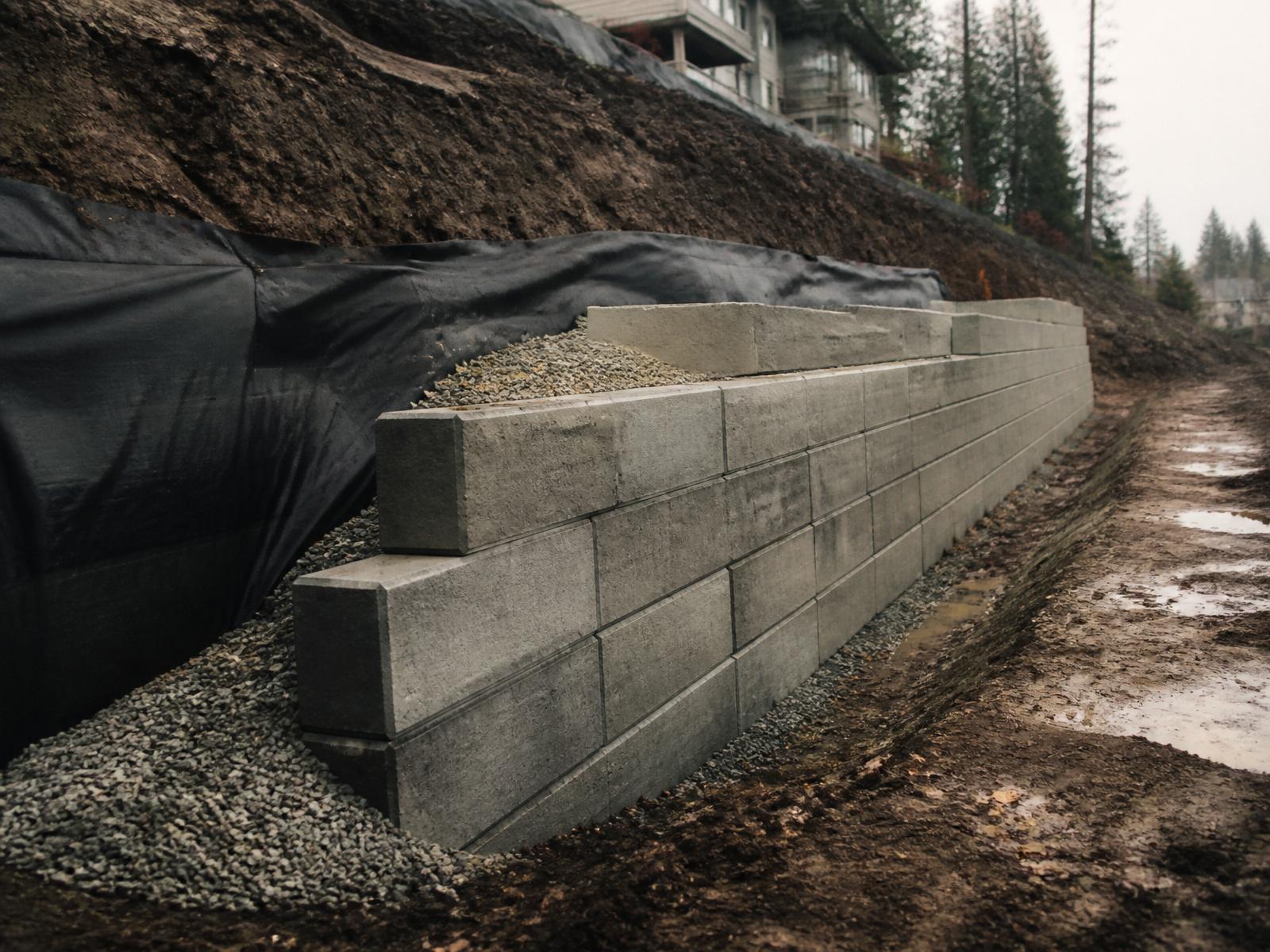 Engineered grey concrete block retaining wall mid-construction with free-draining gravel backfill and geotextile membrane