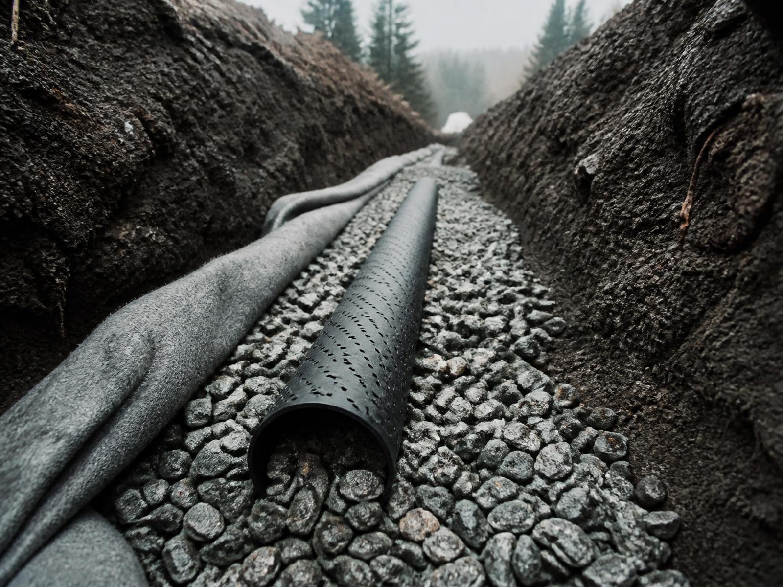 Perforated sub-soil drainage pipe bedded in clean angular gravel inside a freshly cut trench, geotextile sock visible